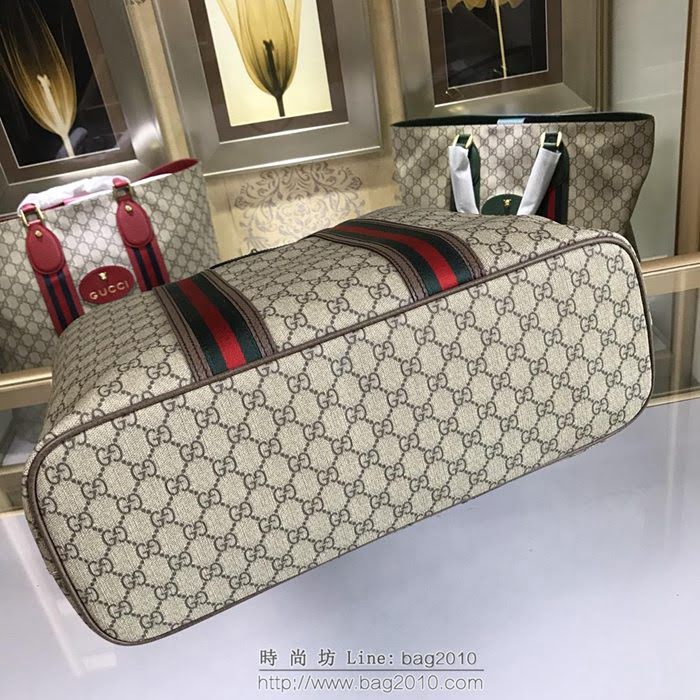GUCCI 古馳男包 新款 473870 GG Supreme高級人造帆布 黑色紅色織帶裝飾 購物袋
